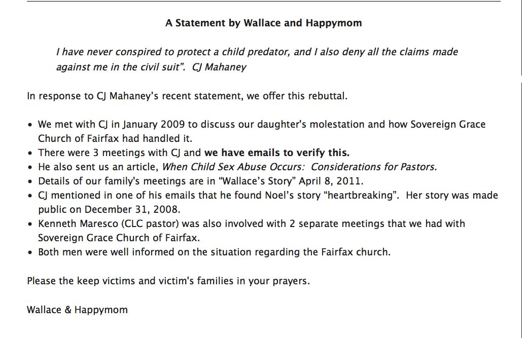 2014-10-10 A statement by Wallace and Happy Mom on Mahaney