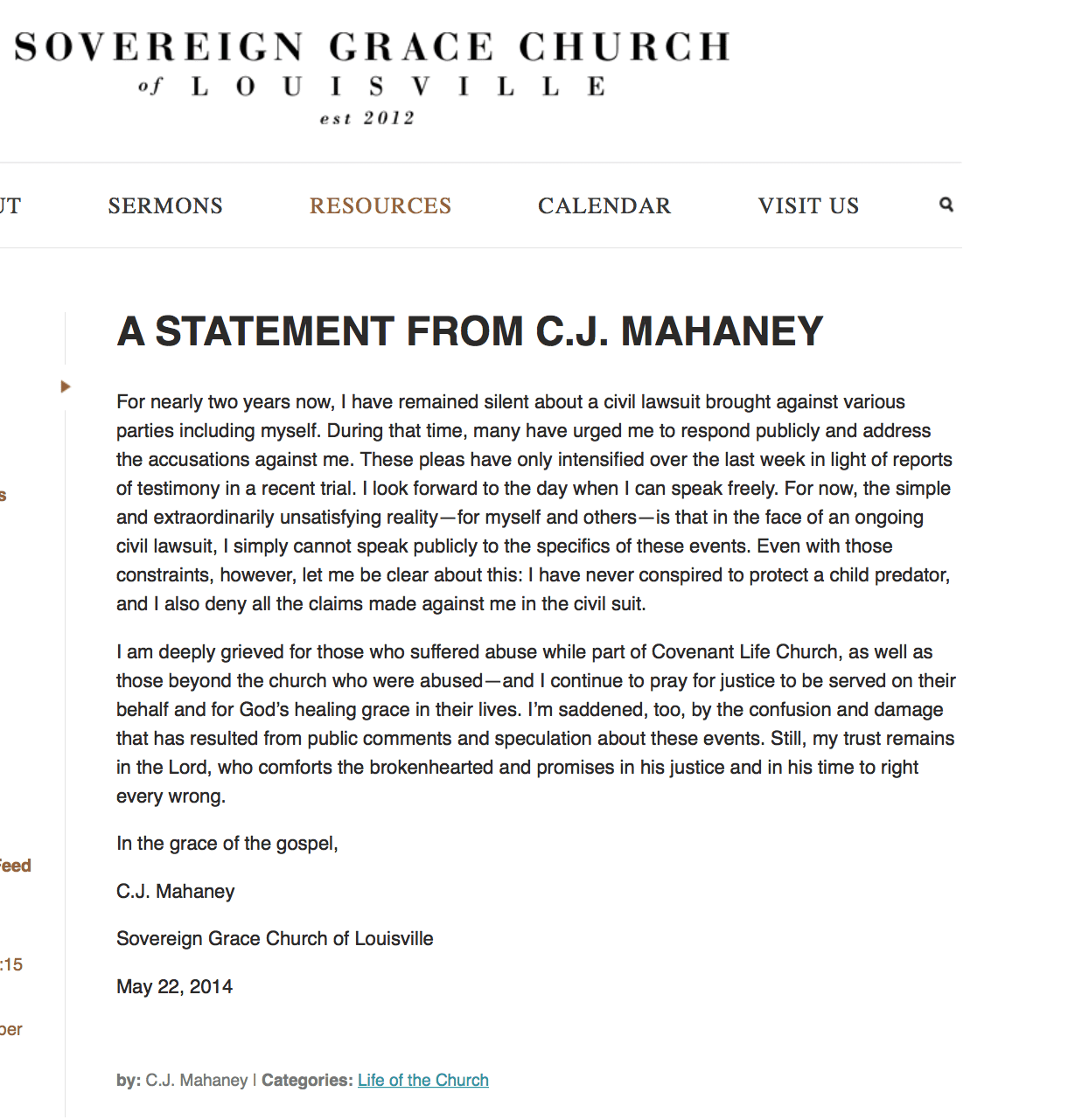 2014-11-09 Mahaney statement of innocence