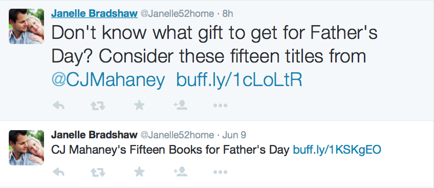 2015-06-11 Janelle Bradshaw tweets on CJ books