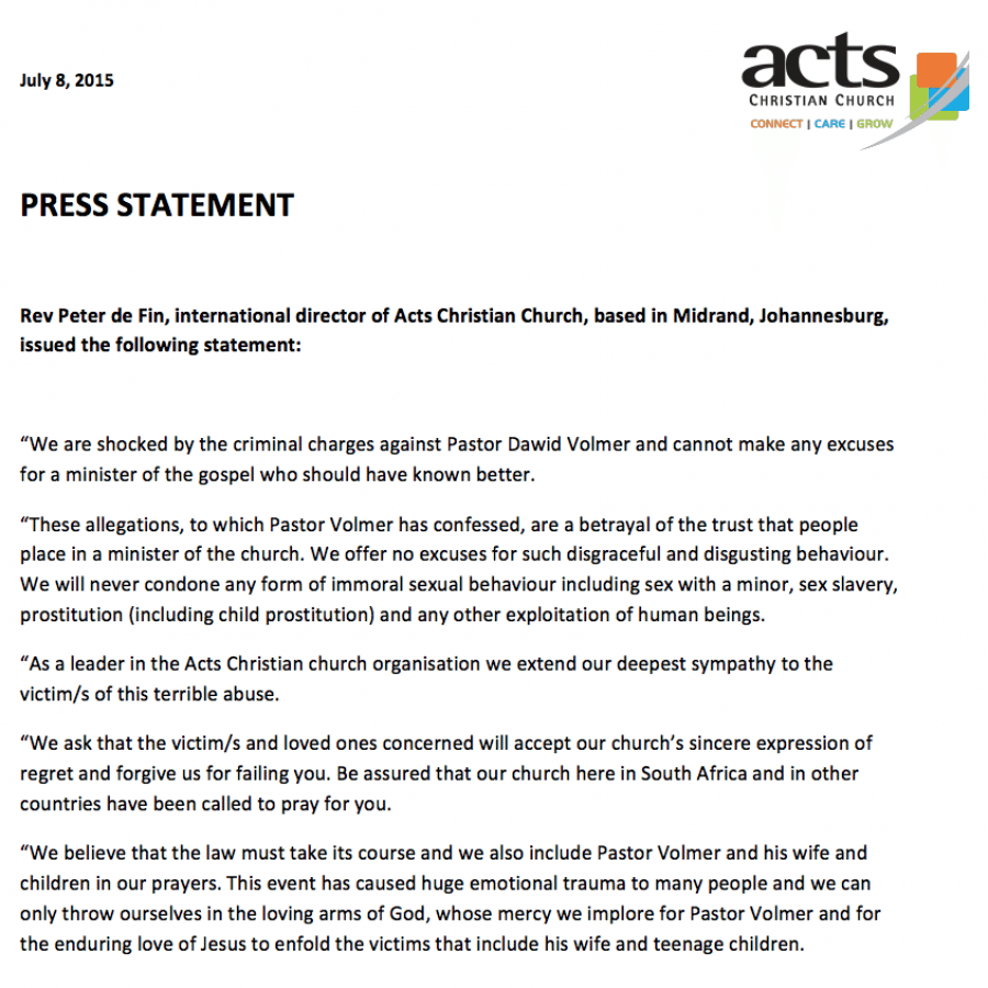 2015-08-01 Statement by Acts Christian Church