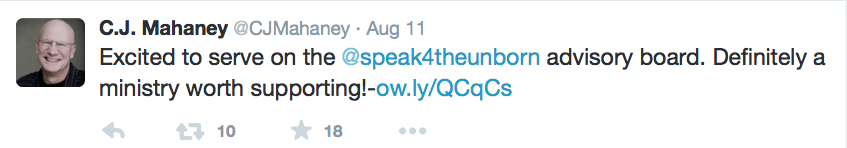 2015-08-12 Mahaney tweets about advisory board speak 4 the unborn