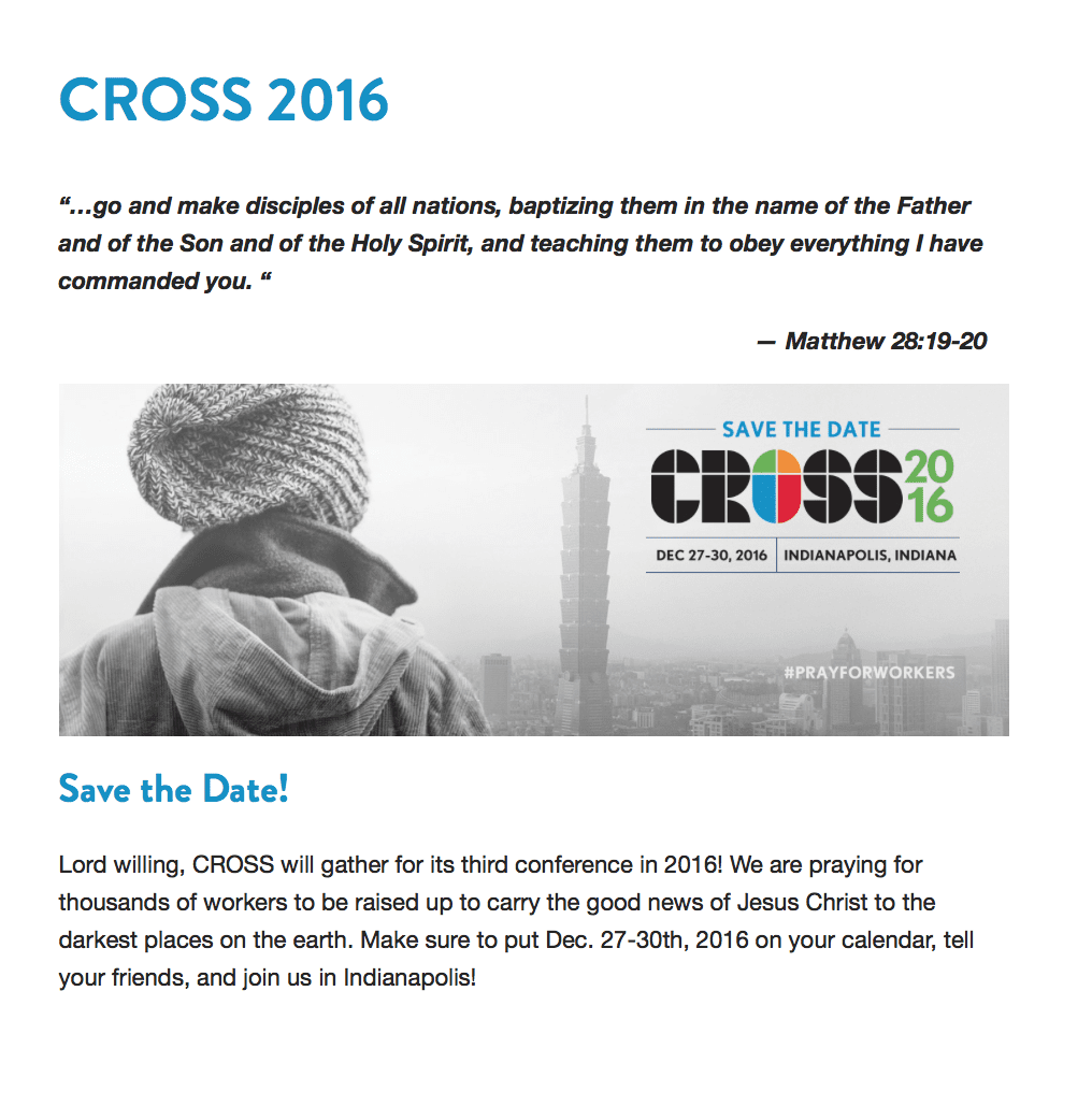 2015-12-22 CROSS 2016 Praying for thousands of missionaries