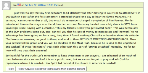 Comment on "The Wartburg Watch" recounting how C.J. Mahaney seemingly "bought" Mohler's silence.
