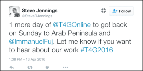 2016-05-08 Jennings tweet from T4G hear about our work